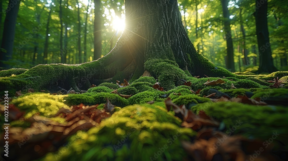 Poster in the forest, moss grows on tree trunks and roots, and there is sunlight shining through the trees 