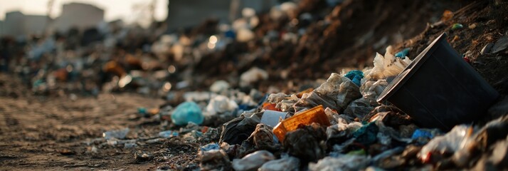 Fototapeta premium This image highlights an urban landfill filled with diverse waste, reflecting the widespread environmental impact of human consumption and waste generation.