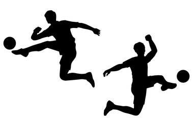 Vector silhouette of a man playing football, black color isolated on white background