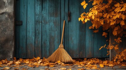 A wooden broom leans against a weathered blue wooden door with fallen leaves.