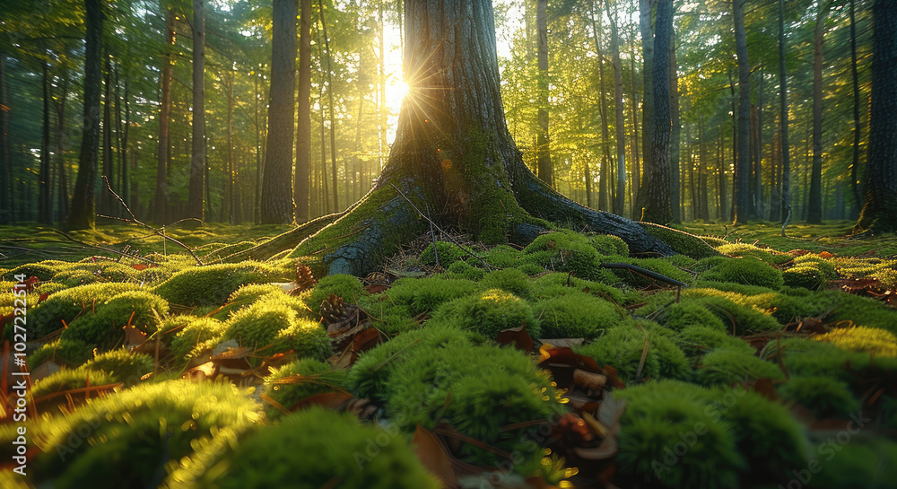 Aufkleber in the forest, moss grows on tree trunks and roots, and there is sunlight shining through the trees 