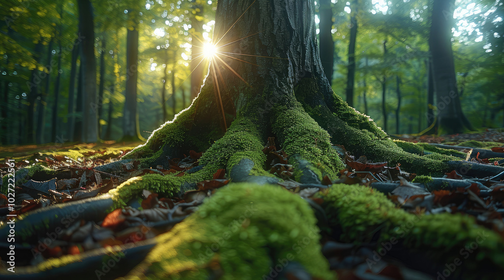 Poster in the forest, moss grows on tree trunks and roots, and there is sunlight shining through the trees 