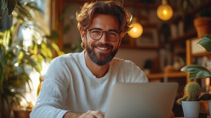Smiling man with glasses working from home at a laptop, relaxed in a modern office, freelance career, productive work environment, natural lighting, casual professional