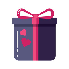 Vector set flat gift box with a pink bow and heart. purple, violet box. Container is designed for a different pages to achieve the effect of surprise.