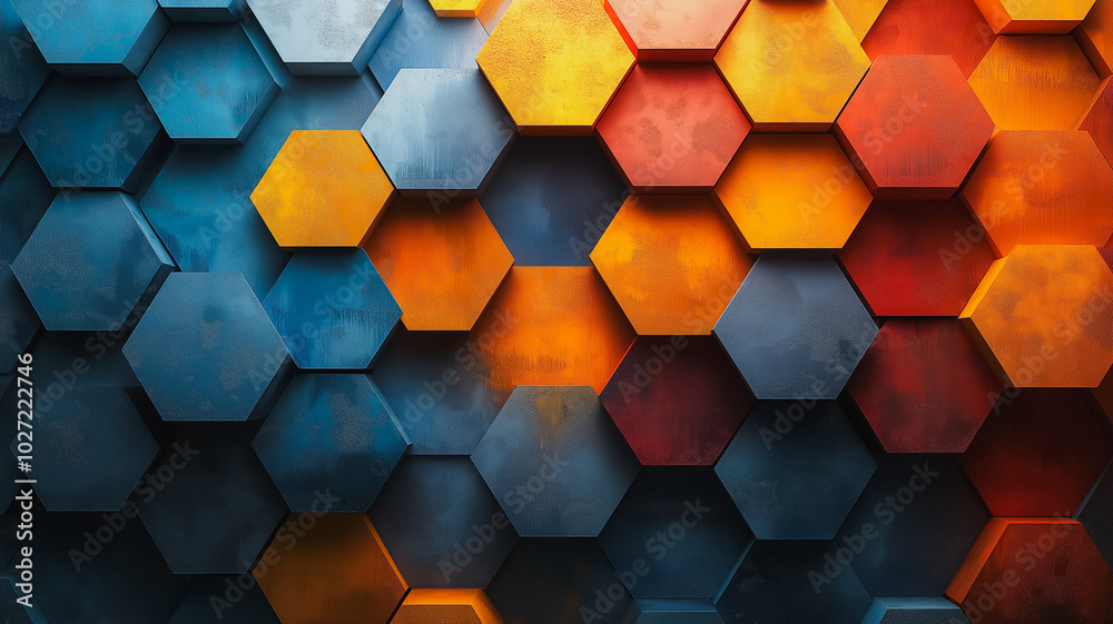 Wall mural a colorful pattern of hexagons with blue, orange, and red colors. the pattern is made up of squares 