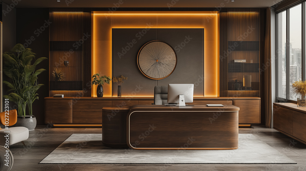 Sticker A modern office with a large round wall clock and a wooden desk. The room is decorated with a variety of plants and a potted plant on the desk. The room has a warm and inviting atmosphere