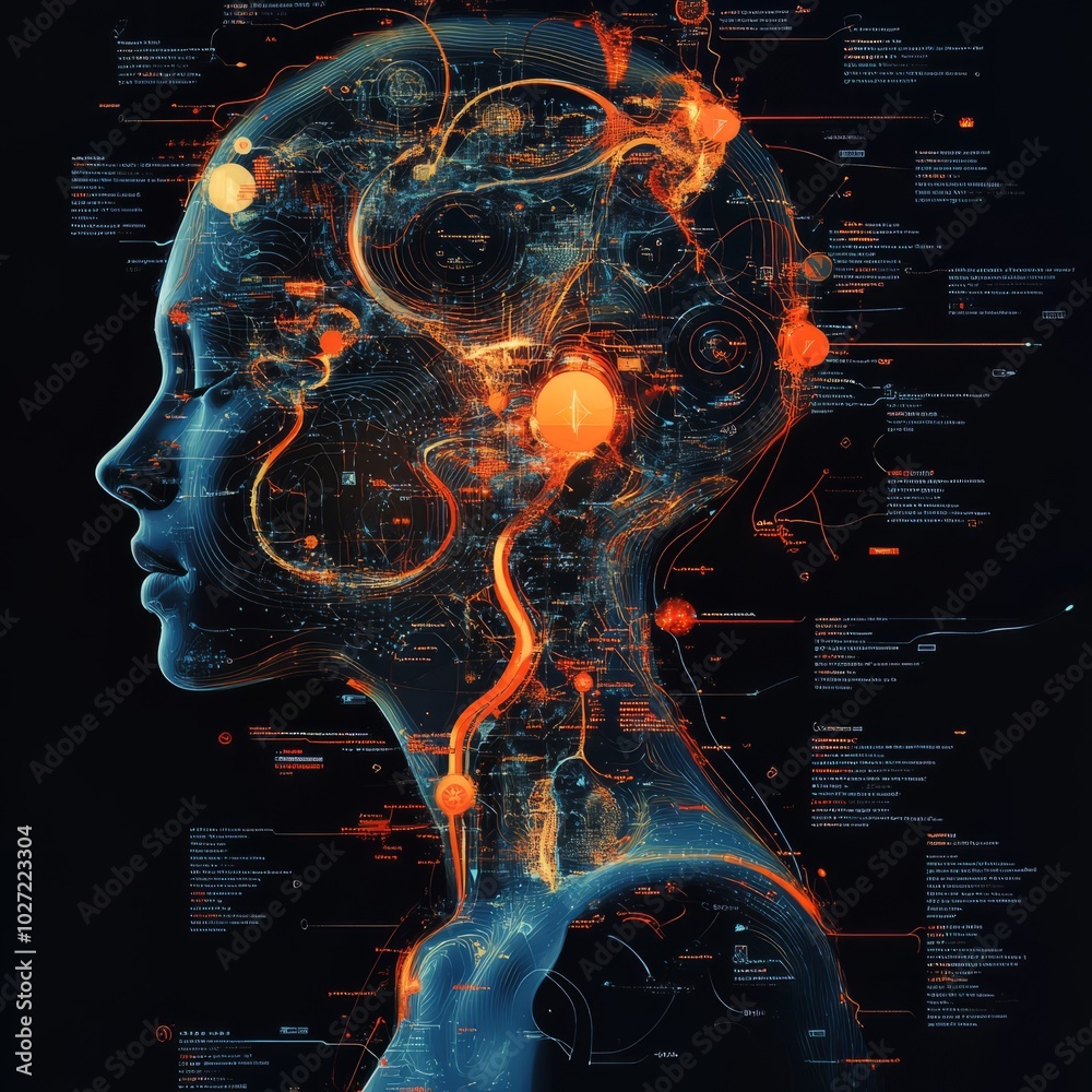 Canvas Prints Digital illustration of a woman's head with data and circuits, representing artificial intelligence.