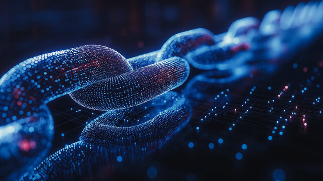 A chain of links is shown in a blue and red color scheme. The chain is made up of many small links, and the links are connected to each other in a way that creates a sense of unity and strength