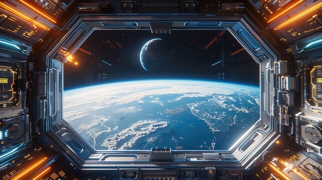 The view of the Earth from inside an empty space station with large windows, a planet in the background, a window showing the Earth, and futuristic technology elements on both sides of it.