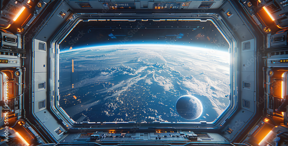 Aufkleber The view of the Earth from inside an empty space station with large windows, a planet in the background, a window showing the Earth, and futuristic technology elements on both sides of it.