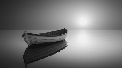 A small white boat sits in the water, reflecting the sun. The scene is serene and peaceful, with the boat being the only object in the image