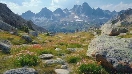 Naklejka premium Mountainous Landscape with Wildflowers and Boulders