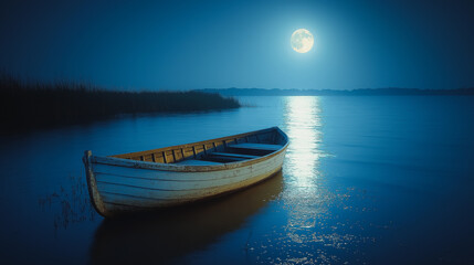 A small white boat sits in the water, with the moon reflecting on the surface. The scene is peaceful and serene, with the calm water and the bright moon creating a sense of tranquility
