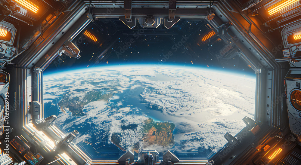 Poster The view of the Earth from inside an empty space station with large windows, a planet in the background, a window showing the Earth, and futuristic technology elements on both sides of it.