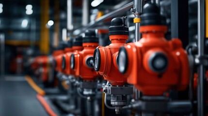 Row of industrial orange valves with pressure gauges in a factory setting, showcasing metal pipes and equipment in a modern manufacturing environment.