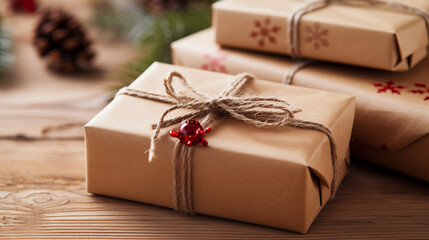 ECO Christmas gift wrapping. Close-up of beautifully wrapped Christmas gifts using sustainable materials. Brown kraft paper decorated with sprigs of fresh pine, cinnamon sticks, and twine. 
