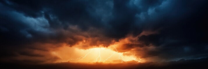 Obraz premium A powerful and dramatic display of nature with a lightning storm illuminating the dark clouds as the fiery glow of a sunset creates a striking contrast in the sky.