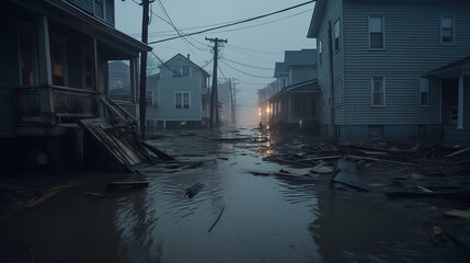 Distraction in a suburban neighborhood after a flood, broken houses, ruins,