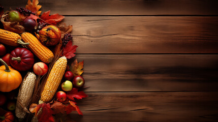 Thanksgiving Harvest Background: A vibrant, fall-inspired background featuring a cornucopia overflowing with pumpkins, corn, apples, and gourds against a backdrop of rustic wooden textures and golden