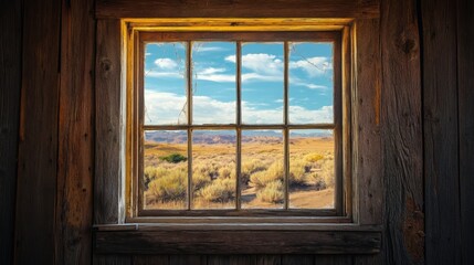 A rustic wooden window with a view of a vast desert landscape.