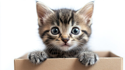 American Shorthair kitten cat peeking out from inside box isolated on white background