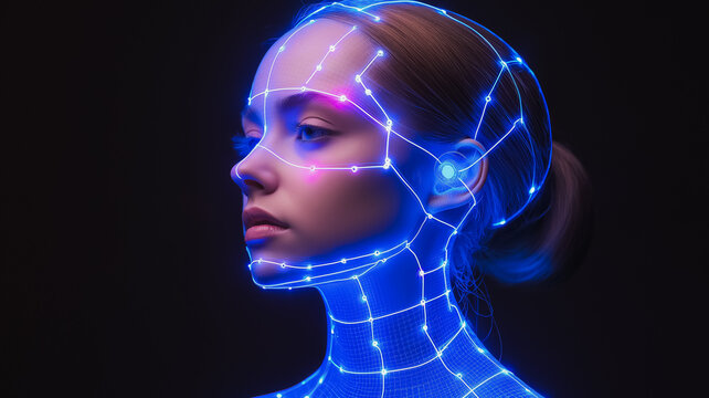 A woman's face is shown in a blue light with a grid of lines. The image is of a woman's face with a blue light shining on it