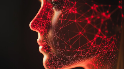 A woman's face is shown in red with a lot of lines. The image is of a computer generated face, which gives the impression of a futuristic or sci-fi look