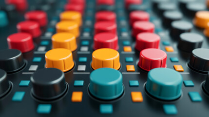 Obraz premium Close-up of colorful buttons on a music mixer, showcasing vibrant controls for sound adjustment in a studio environment.