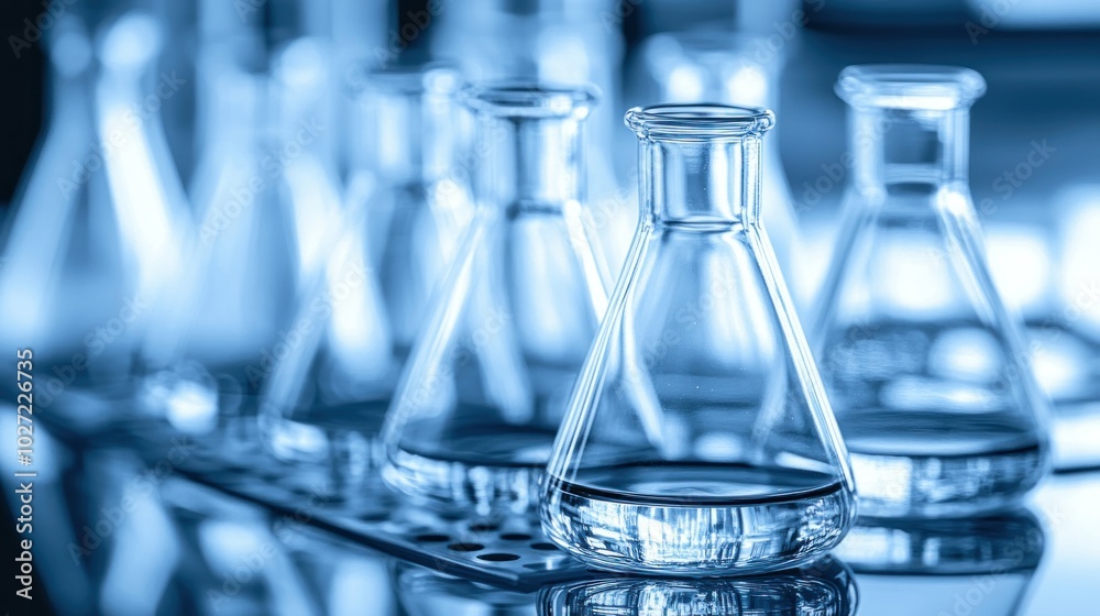 Poster Close-up of Glass Flasks with Liquid in a Lab Setting