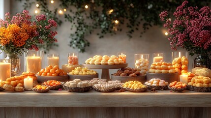 Obraz premium Exquisite 3D render of Diwali product display showcasing gourmet sweets and decorative candles on a light background capturing the essence of the festival with rich details