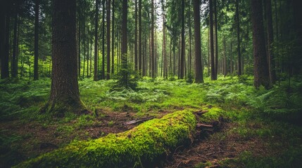 Obraz premium Lush Forest with Mossy Ground and Tall Trees