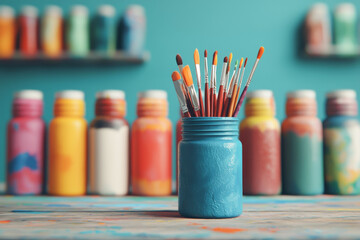 Obraz premium Colorful paintbrushes in a jar with vibrant paint bottles in the background, perfect for art and creativity-themed projects.
