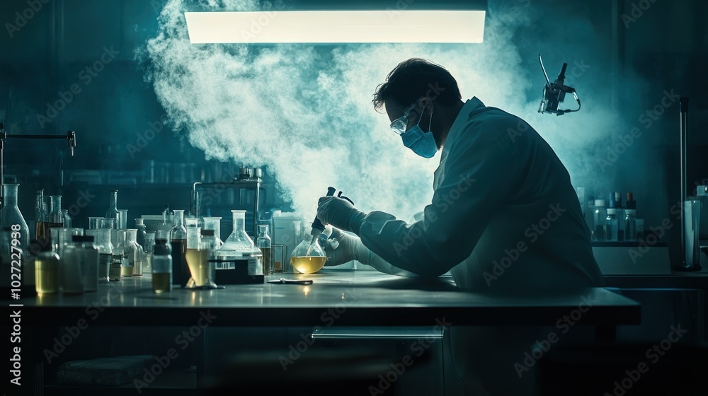 Poster scientist in lab coat working with liquid and smoke