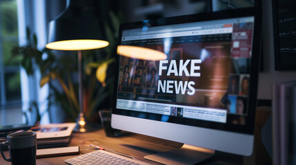 Computer screen displaying "FAKE NEWS" in a dimly lit office.