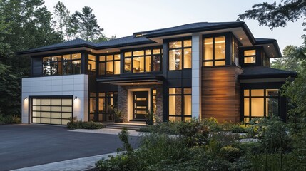 Contemporary house with large windows, elegant wood details, and a neutral black and white facade, featuring a garage