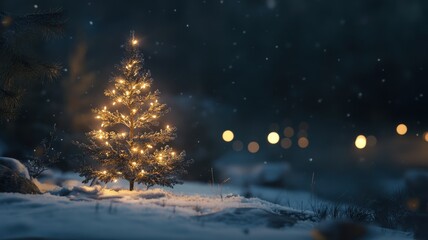 Christmas tree in snow at night with Christmas winter background,Realistic 3d design Xmas card decoration,gift box,fir branches, pine cones,Merry Christmas,Happy new year banner,Vector illustration.