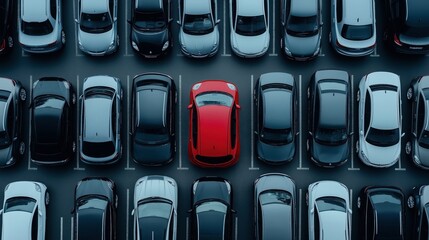 Aerial view of a parked car lot with a single red car surrounded by rows of black and gray cars, emphasizing contrast and uniformity in a parking area.