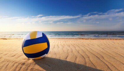 Beach Volleyball at Sunrise. Yellow White and Blue Ball on a Sandy Shore, Ready for a Summer Game, Ideal for Sports Enthusiasts, Outdoor Recreation, and Travel Advertisements