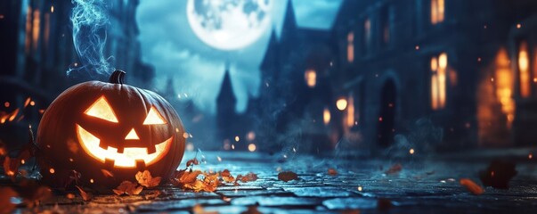Halloween pumpkin lantern on empty street with Full moon on background in midnight,Happy halloween greeting text,Trick or treat,october month,spooky and ghost,Halloween day banner,copy space.