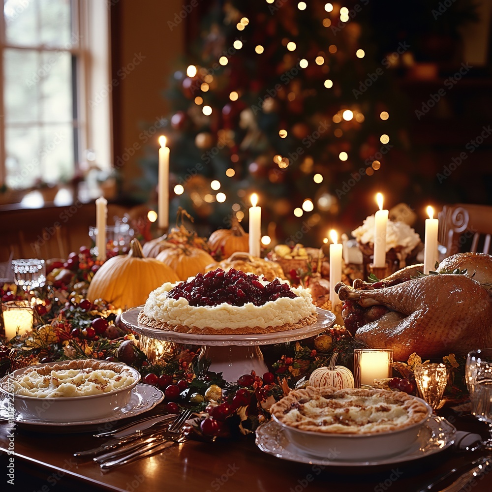 Poster Festive Thanksgiving table setting with turkey, cranberry sauce, mashed potatoes, and pies.