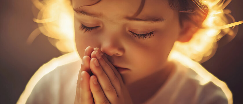 Small kid praying, detail to hands together near face, eyes closed. Glowing sunlight background. Generative AI
