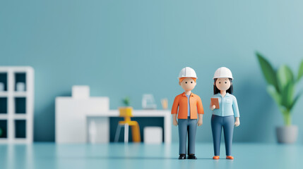 Two cartoon construction workers stand together in a modern office, showcasing teamwork and professionalism in a creative setting.