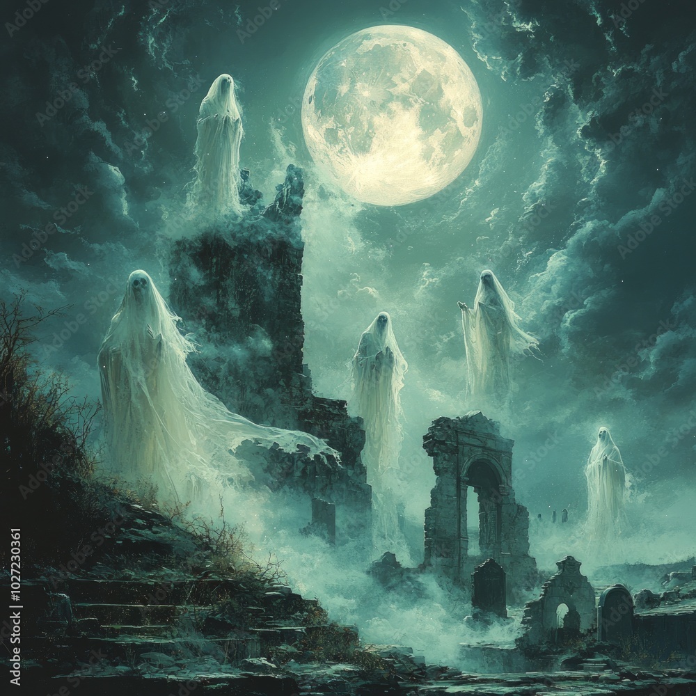 Poster Five ghostly figures stand on the ruins of a stone building under a full moon.