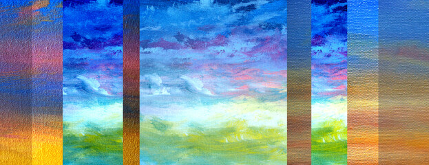  Oil painting dimension colorful twilight blue sky with cloud abstract art panorama background design. © v.stock