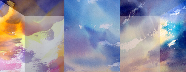 Watercolor painting dimention colorful twilight blue sky with clourd abstract art panorama background design. © v.stock