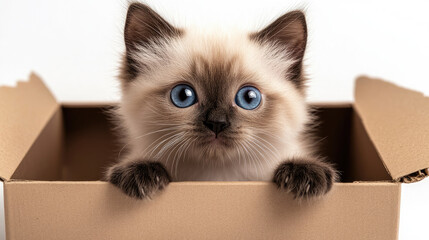 Fototapeta premium Birman kitten cat peeking out and looking forward from inside box isolated on white background