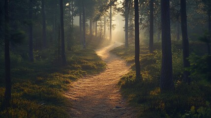 Obraz premium A path through a forest with sunlight shining through the trees