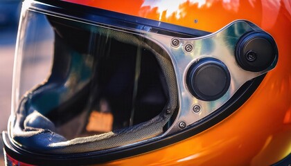 Close-up of a Motorcycle Helmet with Reflective Visor in Sunset Lighting. Perfect for Racing,...