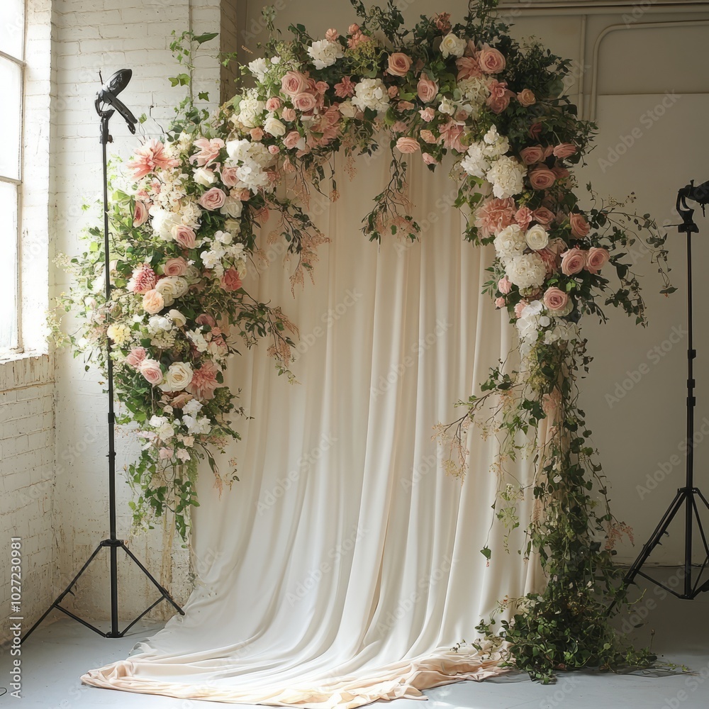 Wall mural Floral arch with white backdrop and greenery.