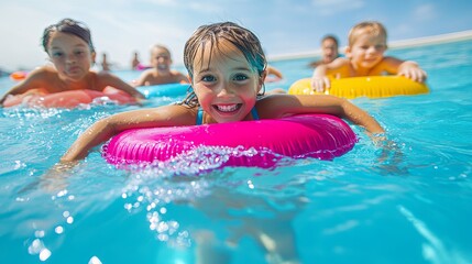 A group of children are playing in a pool with inflatable floats